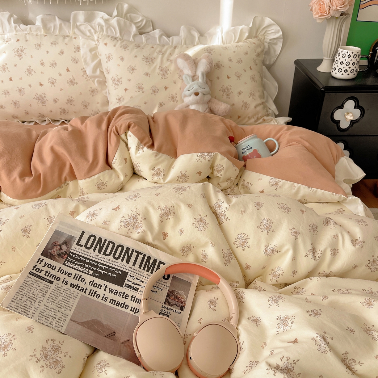 91家纺网 家纺一手货源 找家纺 耀悦家纺 2026新款古法仿棉四件套水洗棉法式工艺花边套件被套床单吊边圆角荷叶边床单 晨曦梦境