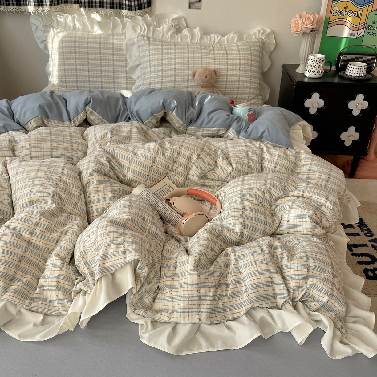 耀悦家纺 2026新款古法仿棉四件套水洗棉法式工艺花边套件被套床单吊边圆角荷叶边床单 花迹