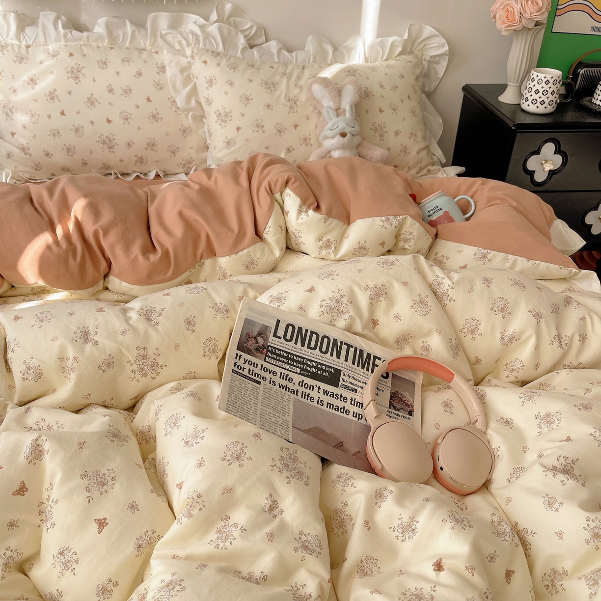 91家纺网 家纺一手货源 找家纺 耀悦家纺 2026新款古法仿棉四件套水洗棉法式工艺花边套件被套床单吊边圆角荷叶边床单 晨曦梦境