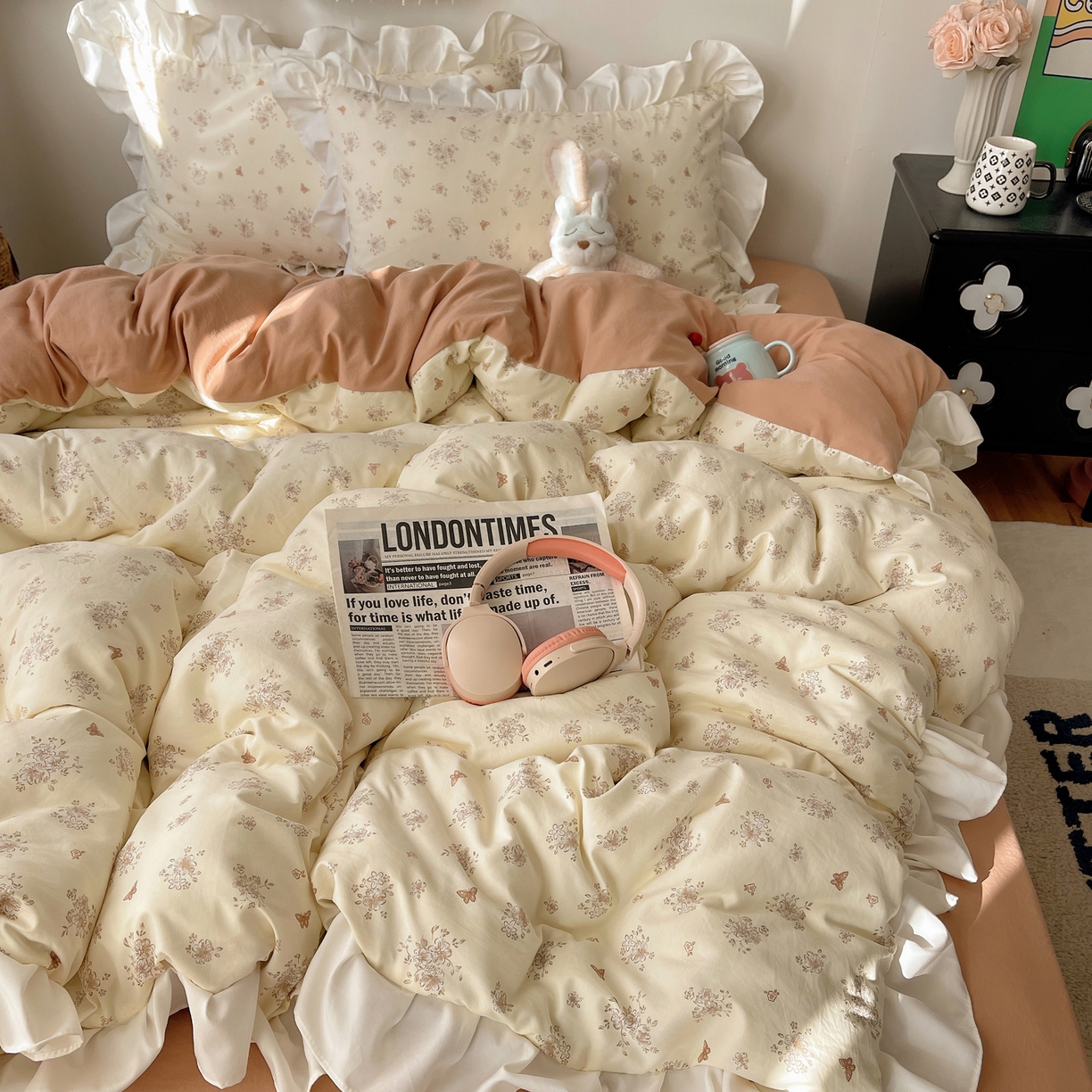 91家纺网 家纺一手货源 找家纺 耀悦家纺 2026新款古法仿棉四件套水洗棉法式工艺花边套件被套床单吊边圆角荷叶边床单 晨曦梦境