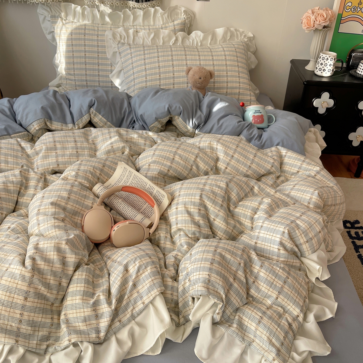 91家纺网 家纺一手货源 找家纺 耀悦家纺 2026新款古法仿棉四件套水洗棉法式工艺花边套件被套床单吊边圆角荷叶边床单 花迹