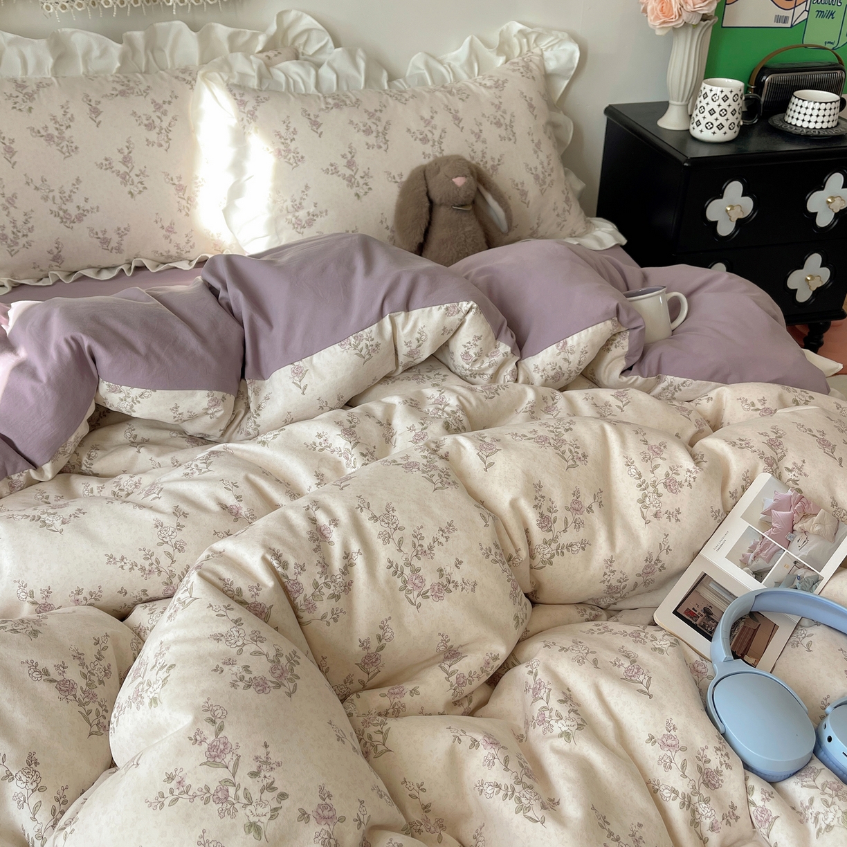 91家纺网 家纺一手货源 找家纺 耀悦家纺 2026新款古法仿棉四件套水洗棉法式工艺花边套件被套床单吊边圆角荷叶边床单 一轮玫瑰