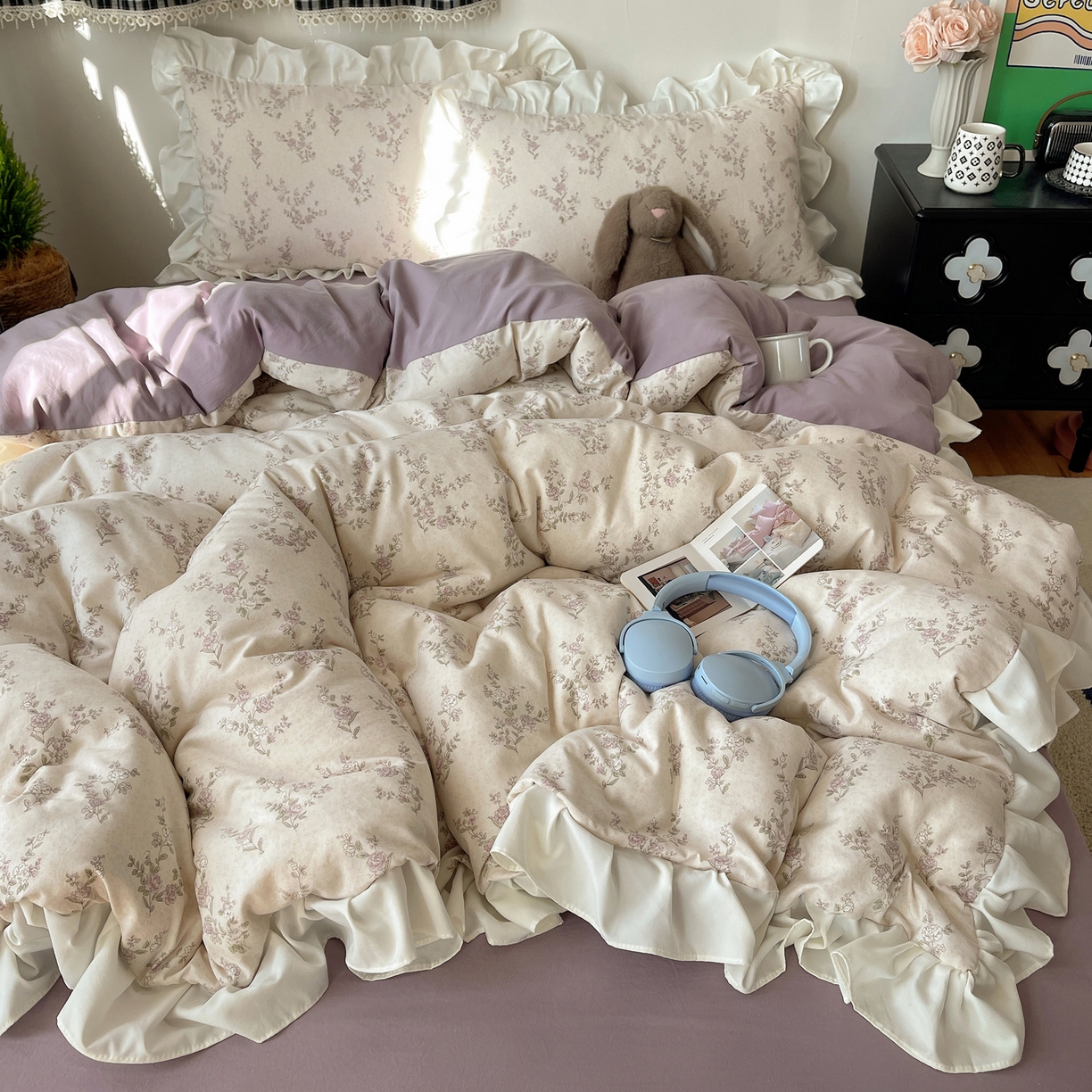 耀悦家纺 2026新款古法仿棉四件套水洗棉法式工艺花边套件被套床单吊边圆角荷叶边床单 一轮玫瑰