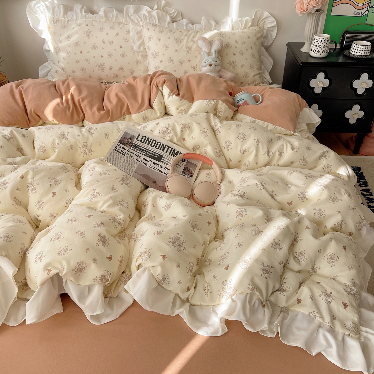 耀悦家纺 2026新款古法仿棉四件套水洗棉法式工艺花边套件被套床单吊边圆角荷叶边床单 晨曦梦境