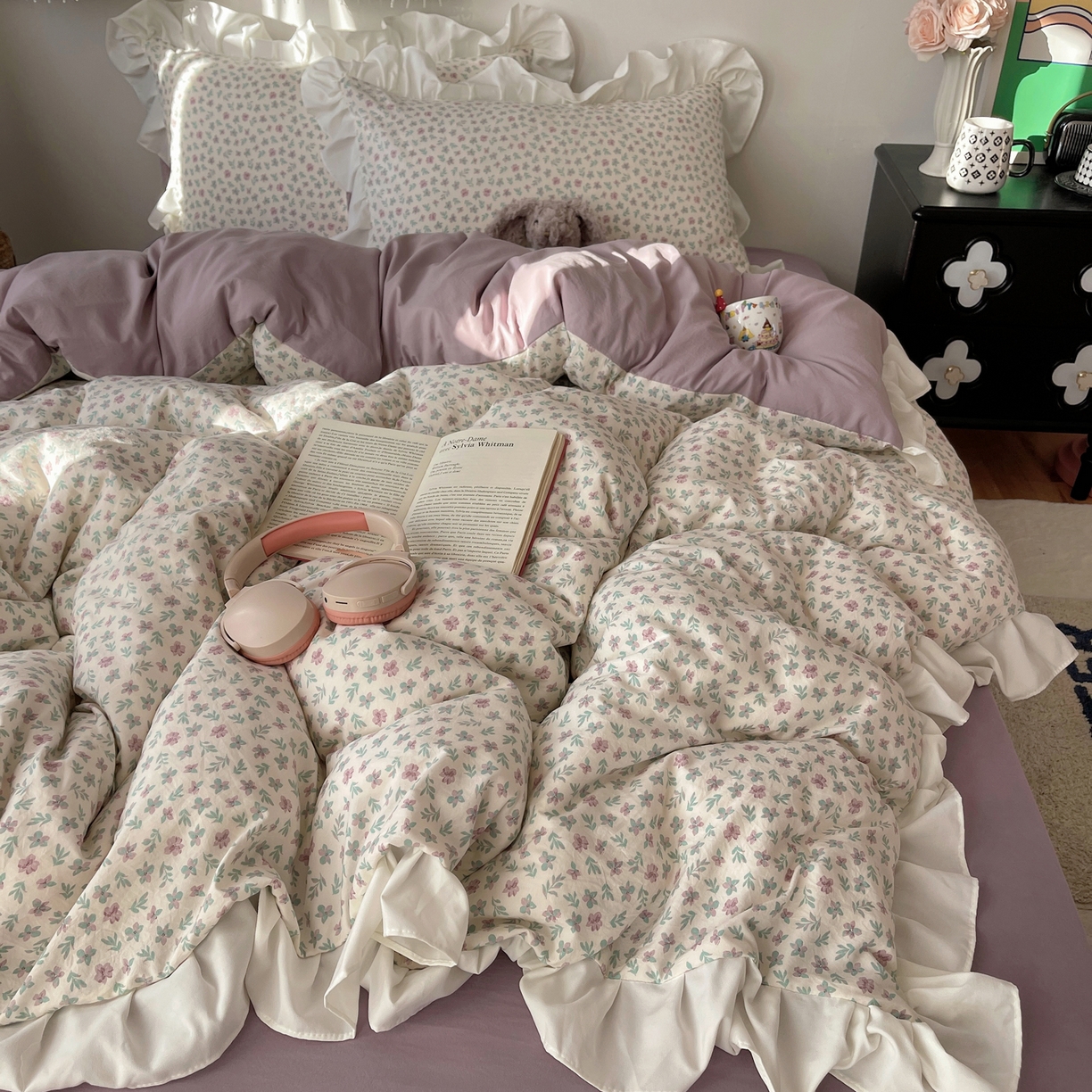 91家纺网 家纺一手货源 找家纺 耀悦家纺 2026新款古法仿棉四件套水洗棉法式工艺花边套件被套床单吊边圆角荷叶边床单 花漾时光