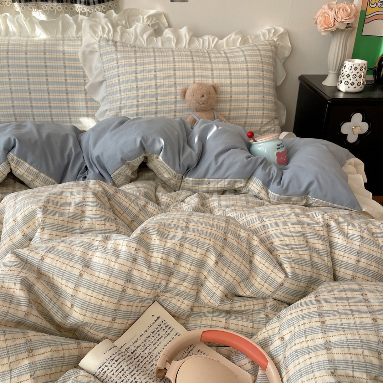 91家纺网 家纺一手货源 找家纺 耀悦家纺 2026新款古法仿棉四件套水洗棉法式工艺花边套件被套床单吊边圆角荷叶边床单 花迹