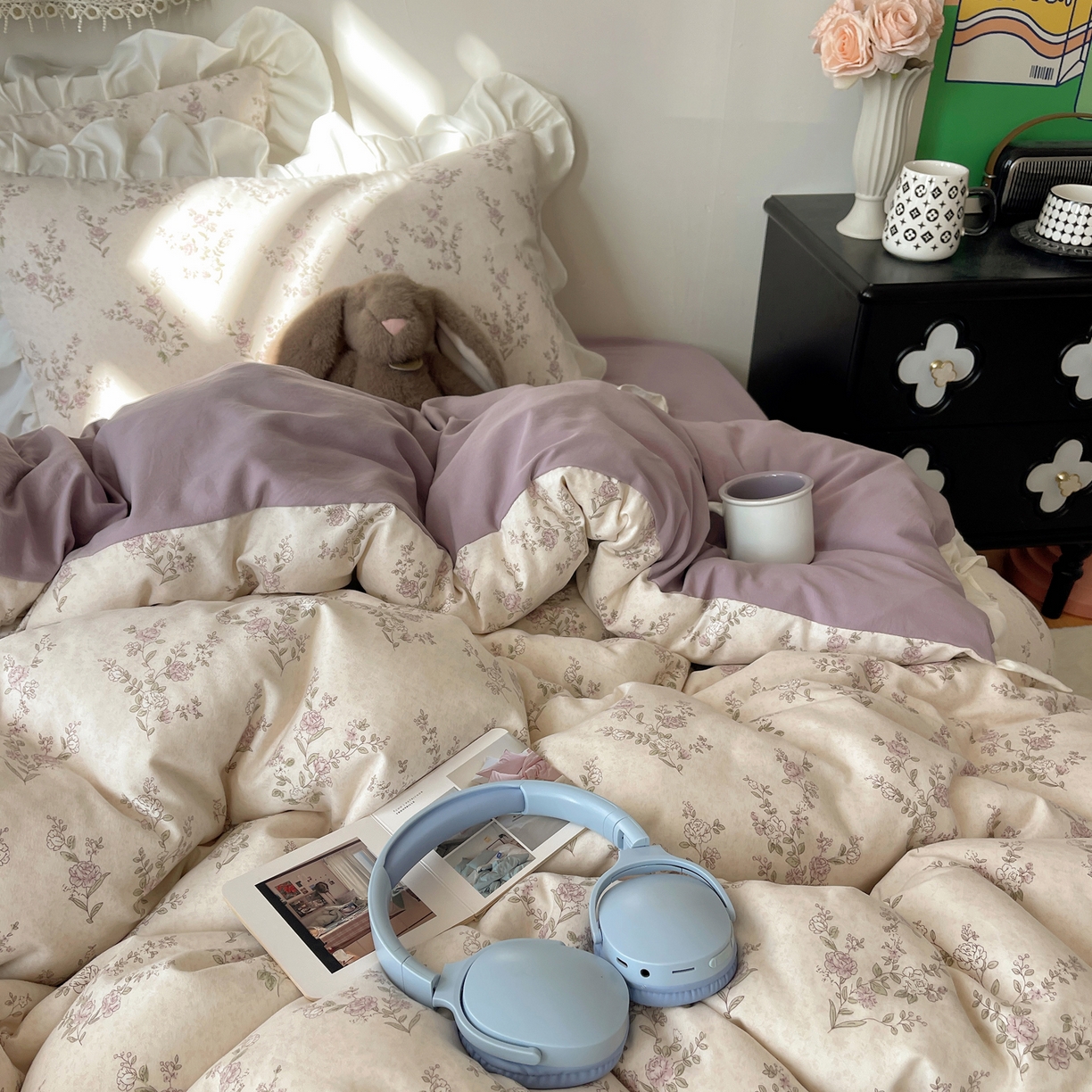 91家纺网 家纺一手货源 找家纺 耀悦家纺 2026新款古法仿棉四件套水洗棉法式工艺花边套件被套床单吊边圆角荷叶边床单 一轮玫瑰