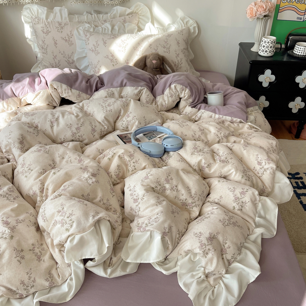 91家纺网 家纺一手货源 找家纺 耀悦家纺 2026新款古法仿棉四件套水洗棉法式工艺花边套件被套床单吊边圆角荷叶边床单 一轮玫瑰