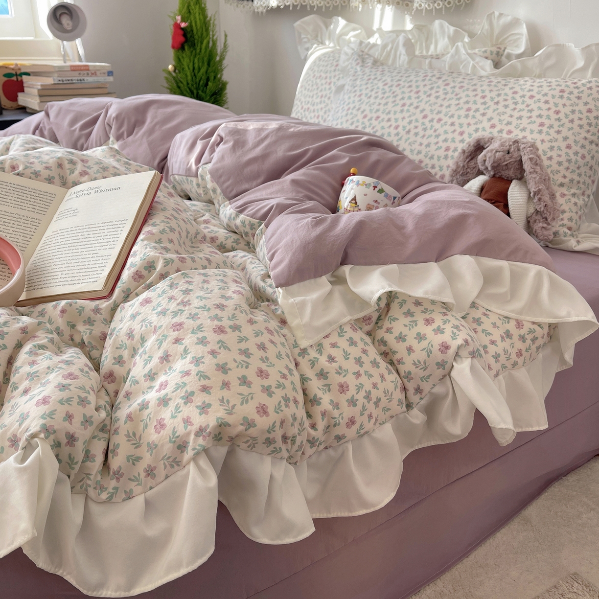 91家纺网 家纺一手货源 找家纺 耀悦家纺 2026新款古法仿棉四件套水洗棉法式工艺花边套件被套床单吊边圆角荷叶边床单 花漾时光