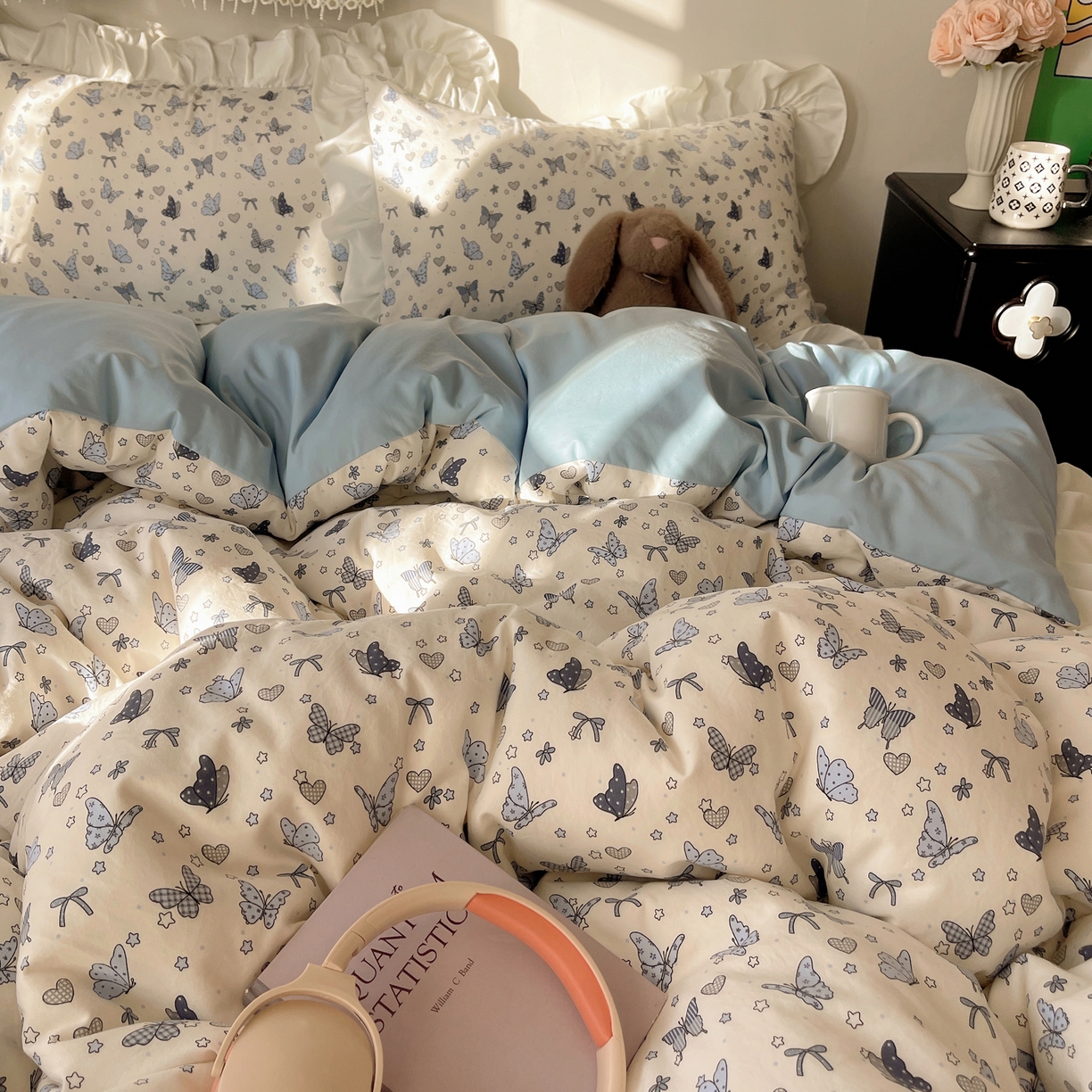 91家纺网 家纺一手货源 找家纺 耀悦家纺 2026新款古法仿棉四件套水洗棉法式工艺花边套件被套床单吊边圆角荷叶边床单 蝶舞翩翩