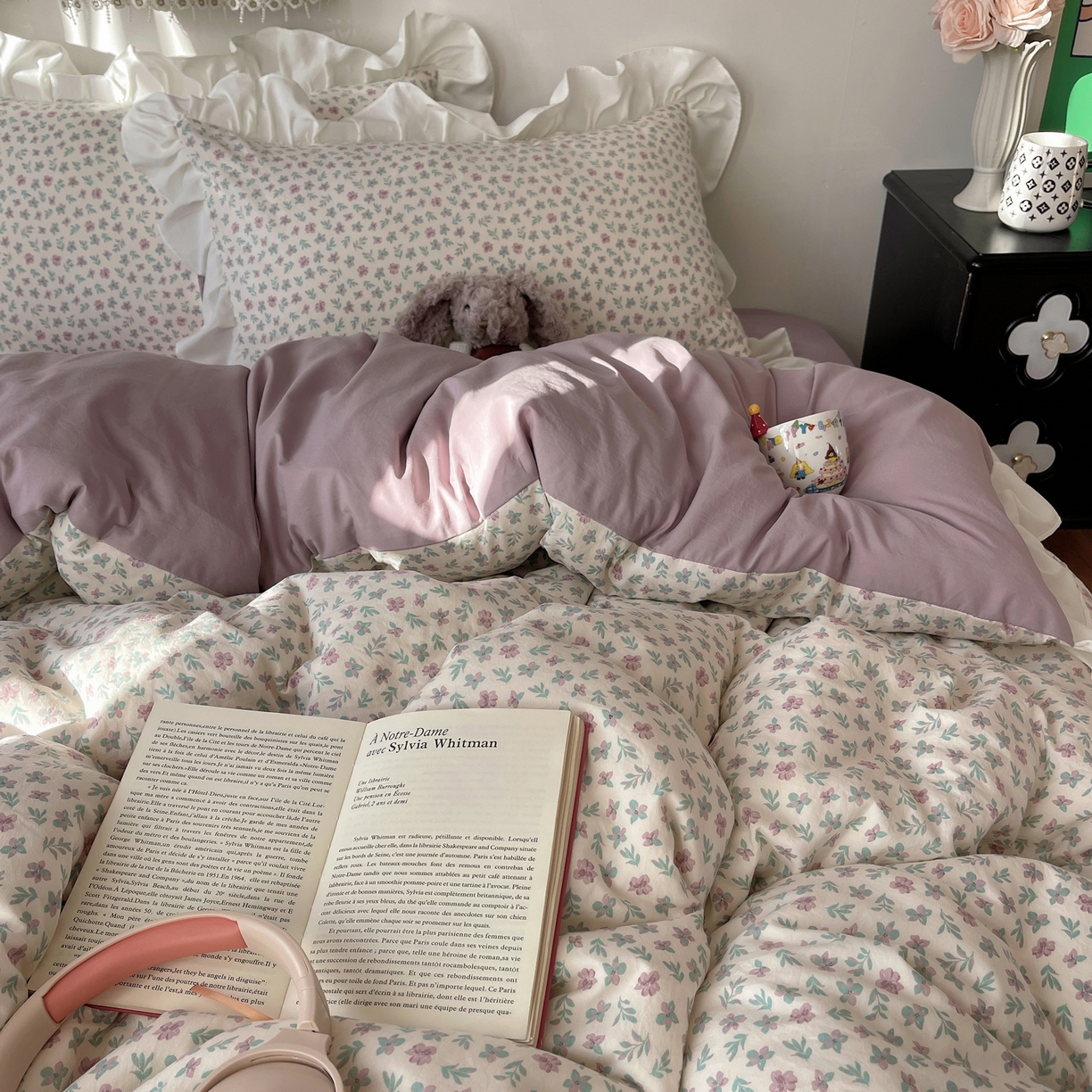 91家纺网 家纺一手货源 找家纺 耀悦家纺 2026新款古法仿棉四件套水洗棉法式工艺花边套件被套床单吊边圆角荷叶边床单 花漾时光