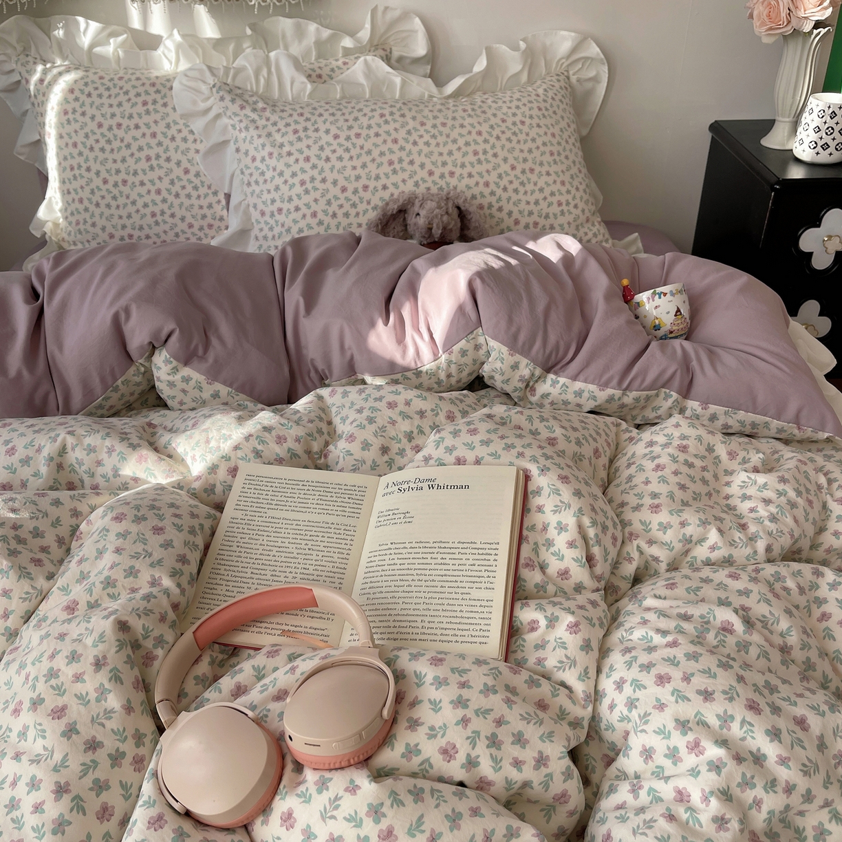 91家纺网 家纺一手货源 找家纺 耀悦家纺 2026新款古法仿棉四件套水洗棉法式工艺花边套件被套床单吊边圆角荷叶边床单 花漾时光