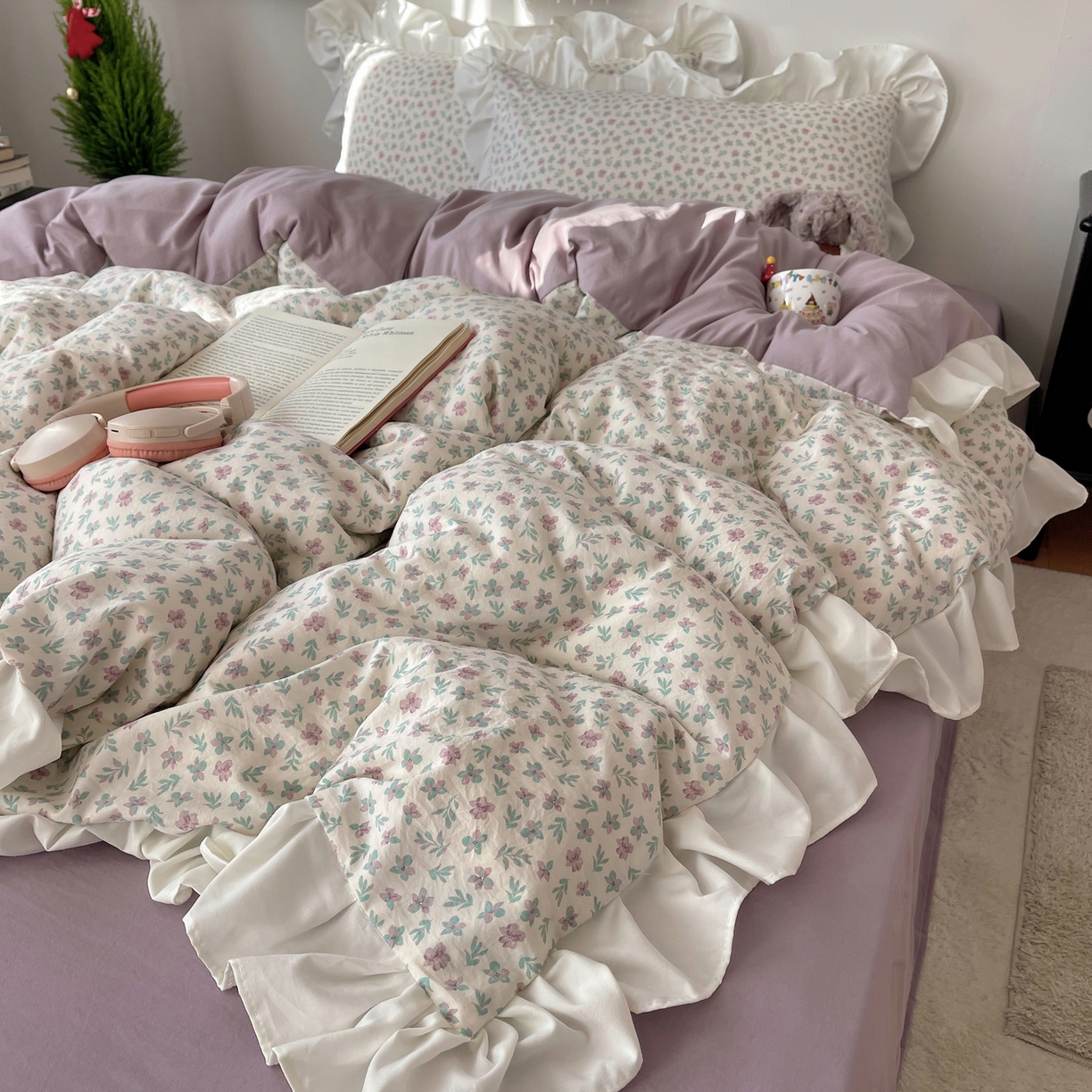 91家纺网 家纺一手货源 找家纺 耀悦家纺 2026新款古法仿棉四件套水洗棉法式工艺花边套件被套床单吊边圆角荷叶边床单 花漾时光