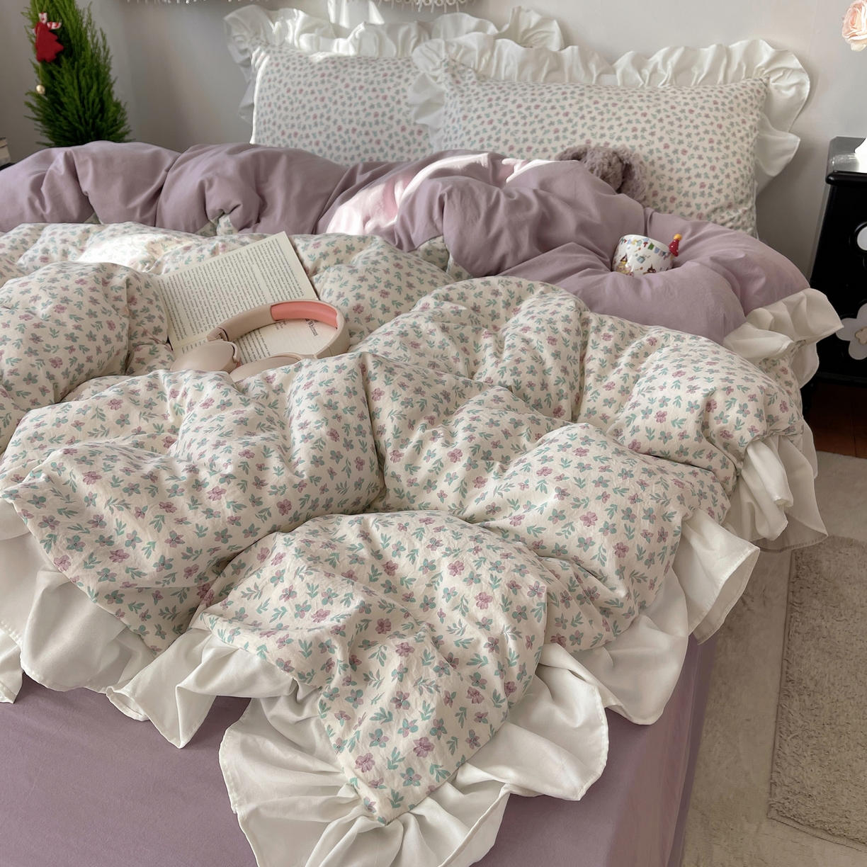 91家纺网 家纺一手货源 找家纺 耀悦家纺 2026新款古法仿棉四件套水洗棉法式工艺花边套件被套床单吊边圆角荷叶边床单 花漾时光