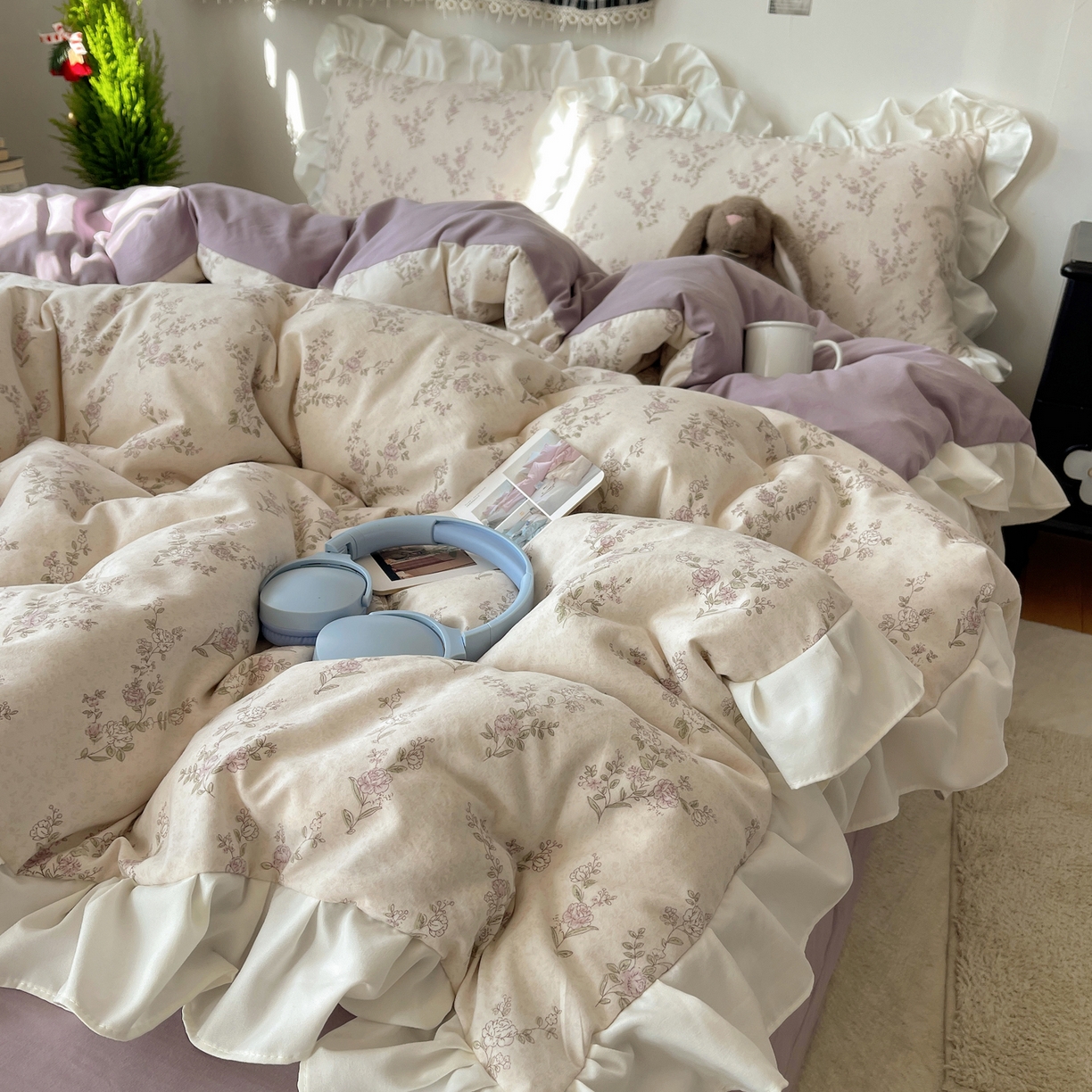 91家纺网 家纺一手货源 找家纺 耀悦家纺 2026新款古法仿棉四件套水洗棉法式工艺花边套件被套床单吊边圆角荷叶边床单 一轮玫瑰