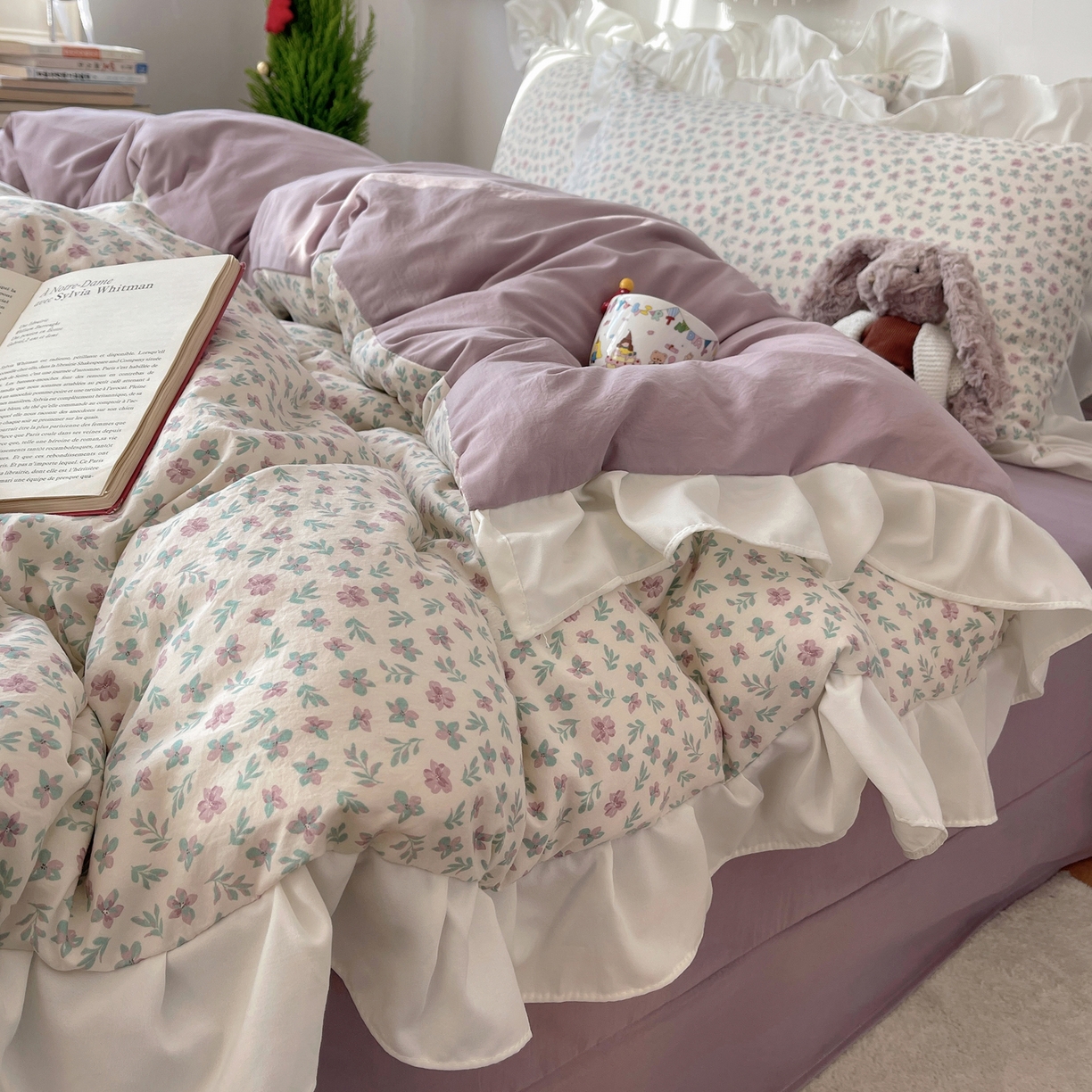 91家纺网 家纺一手货源 找家纺 耀悦家纺 2026新款古法仿棉四件套水洗棉法式工艺花边套件被套床单吊边圆角荷叶边床单 花漾时光