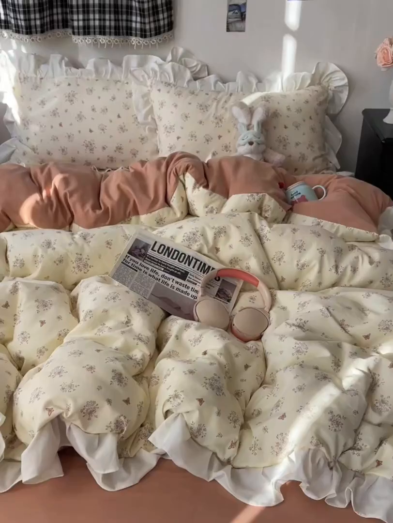 91家纺网 家纺一手货源 找家纺 耀悦家纺 2026新款古法仿棉四件套水洗棉法式工艺花边套件被套床单吊边圆角荷叶边床单 晨曦梦境