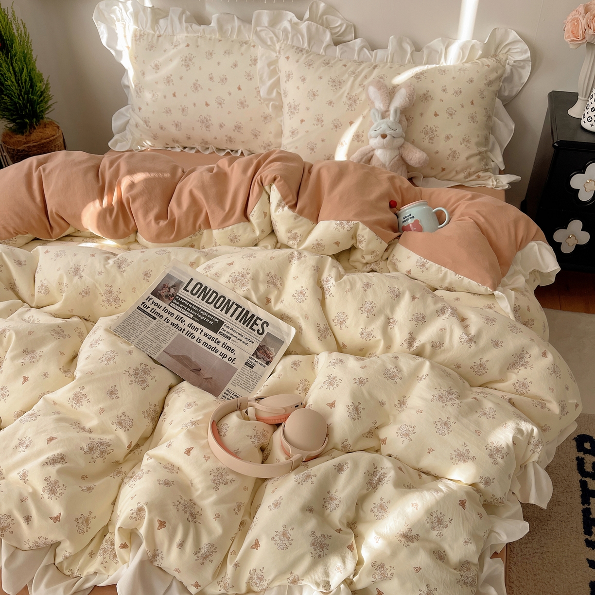 91家纺网 家纺一手货源 找家纺 耀悦家纺 2026新款古法仿棉四件套水洗棉法式工艺花边套件被套床单吊边圆角荷叶边床单 晨曦梦境