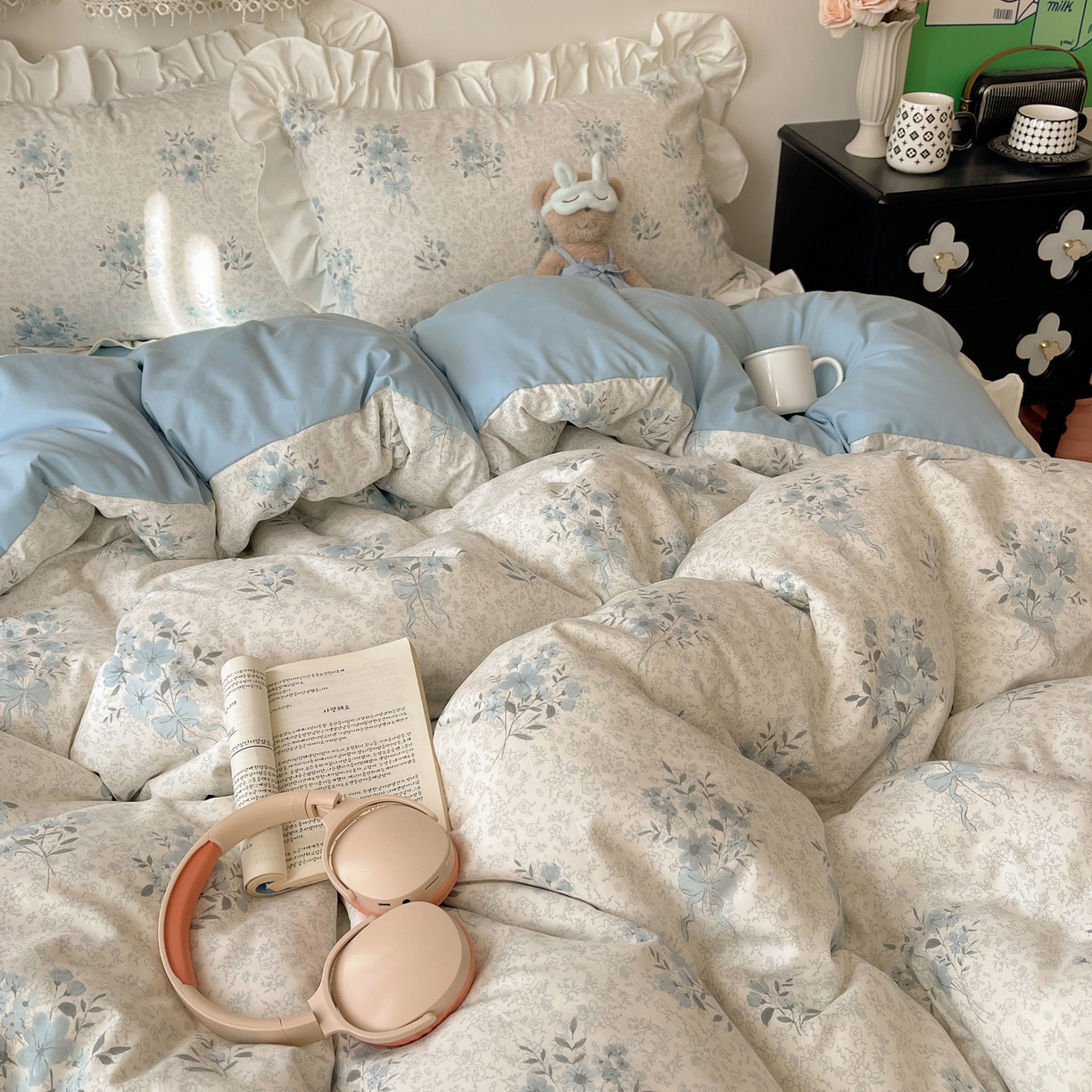 91家纺网 家纺一手货源 找家纺 耀悦家纺 2026新款古法仿棉四件套水洗棉法式工艺花边套件被套床单吊边圆角荷叶边床单 手捧花香