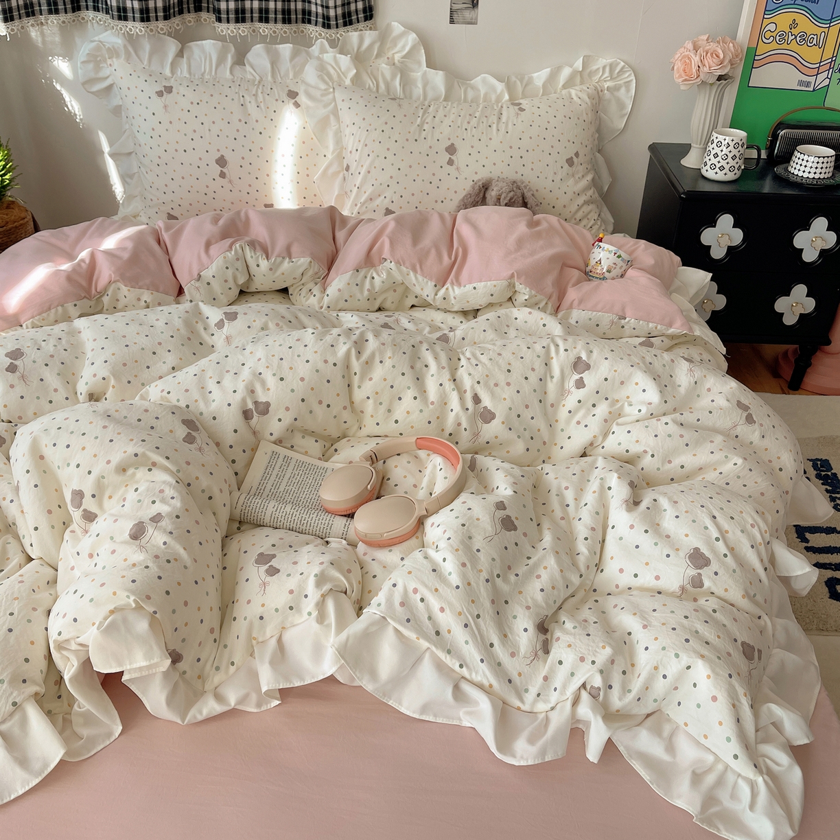 耀悦家纺 2026新款古法仿棉四件套水洗棉法式工艺花边套件被套床单吊边圆角荷叶边床单 云朵星语