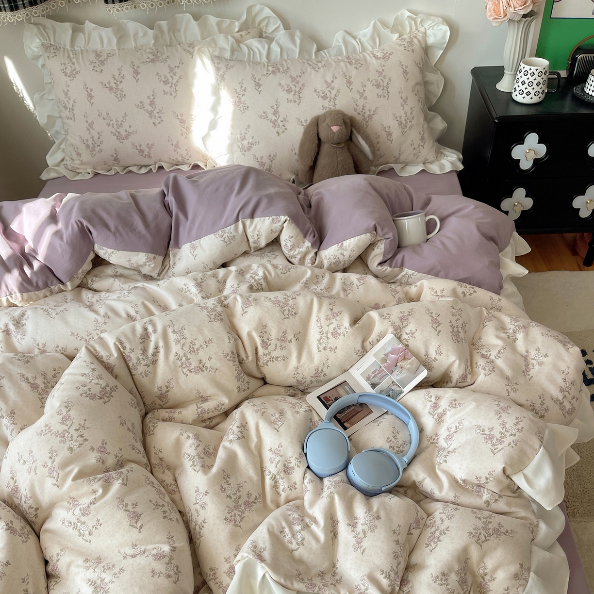 91家纺网 家纺一手货源 找家纺 耀悦家纺 2026新款古法仿棉四件套水洗棉法式工艺花边套件被套床单吊边圆角荷叶边床单 一轮玫瑰