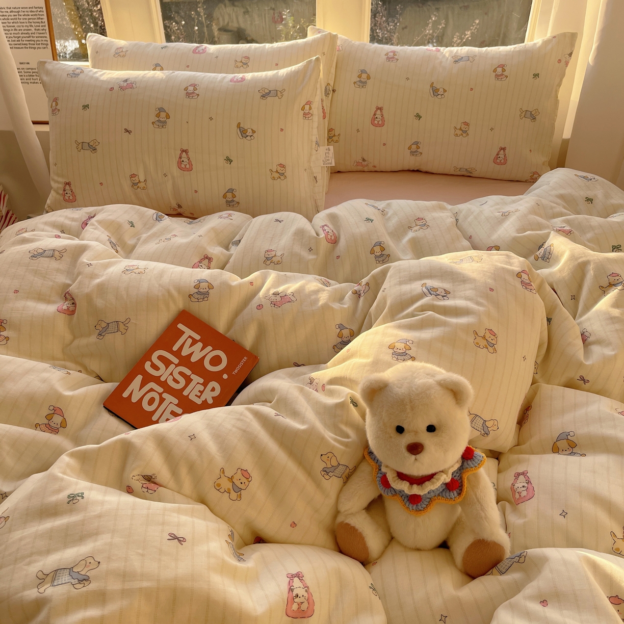 91家纺网 家纺一手货源 找家纺 六巷胡同 2026春夏新款INS卡通A类全棉纯棉双层纱四件套 双层纱-猫狗乐园