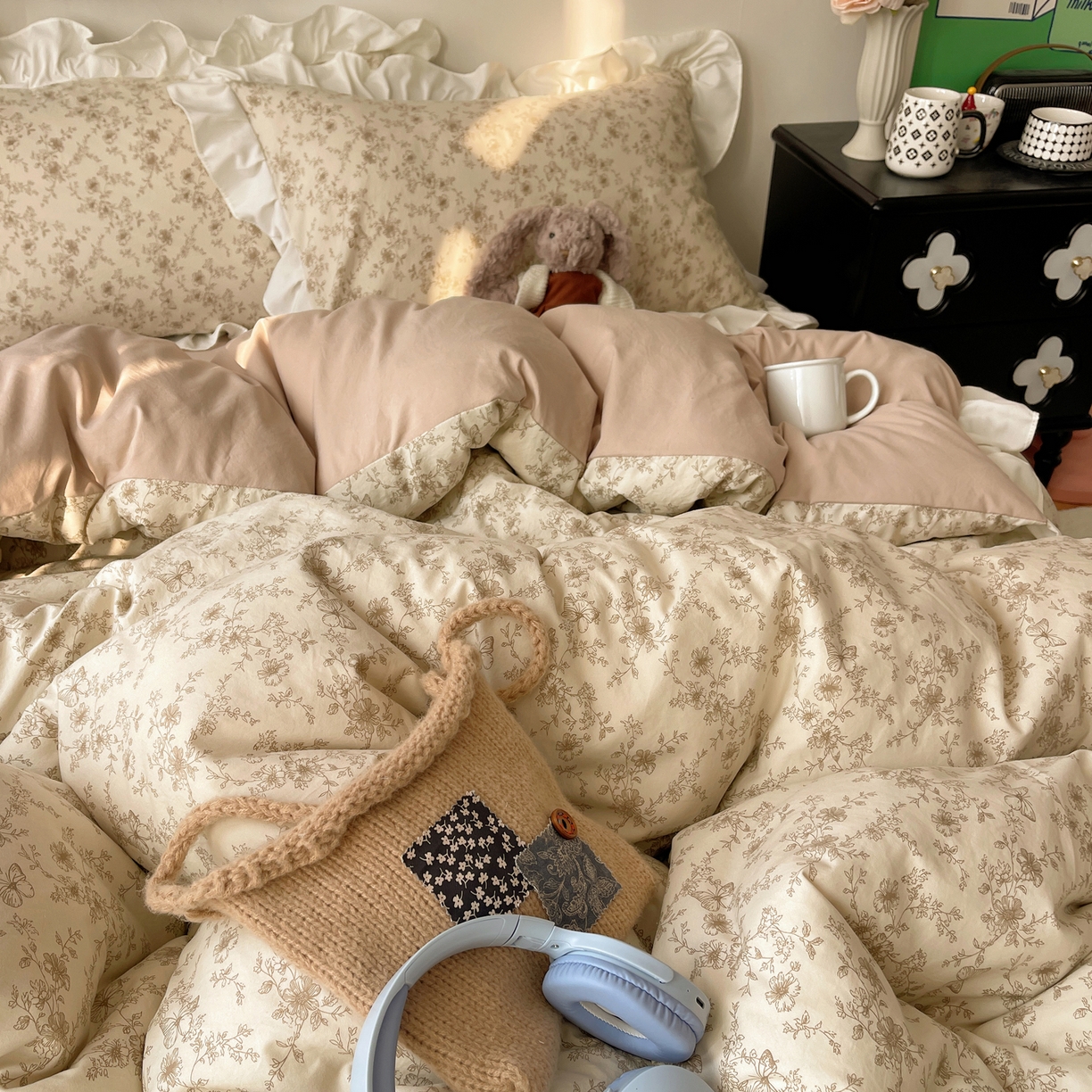 91家纺网 家纺一手货源 找家纺 耀悦家纺 2026新款古法仿棉四件套水洗棉法式工艺花边套件被套床单吊边圆角荷叶边床单 古色古香