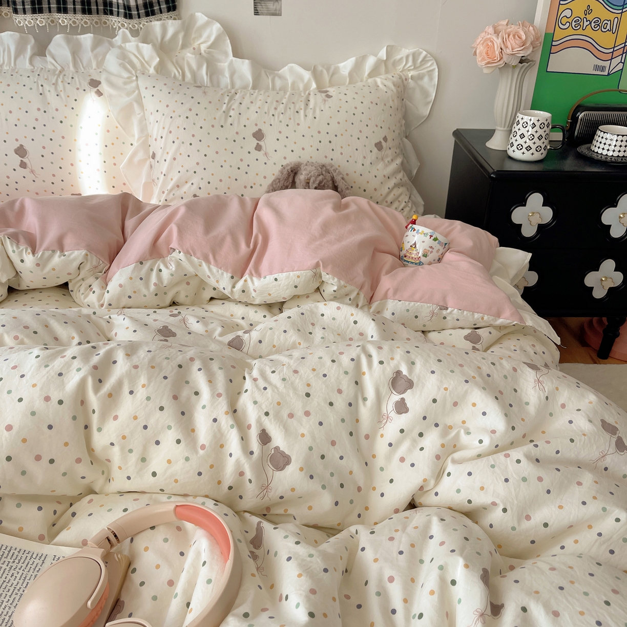 91家纺网 家纺一手货源 找家纺 耀悦家纺 2026新款古法仿棉四件套水洗棉法式工艺花边套件被套床单吊边圆角荷叶边床单 云朵星语