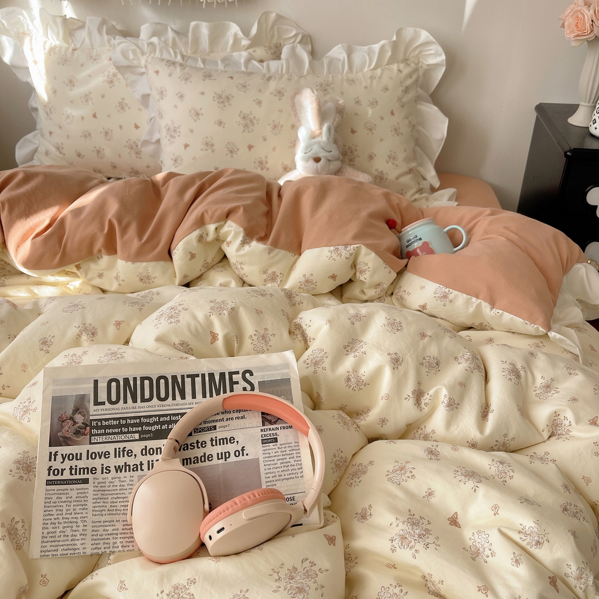 91家纺网 家纺一手货源 找家纺 耀悦家纺 2026新款古法仿棉四件套水洗棉法式工艺花边套件被套床单吊边圆角荷叶边床单 晨曦梦境