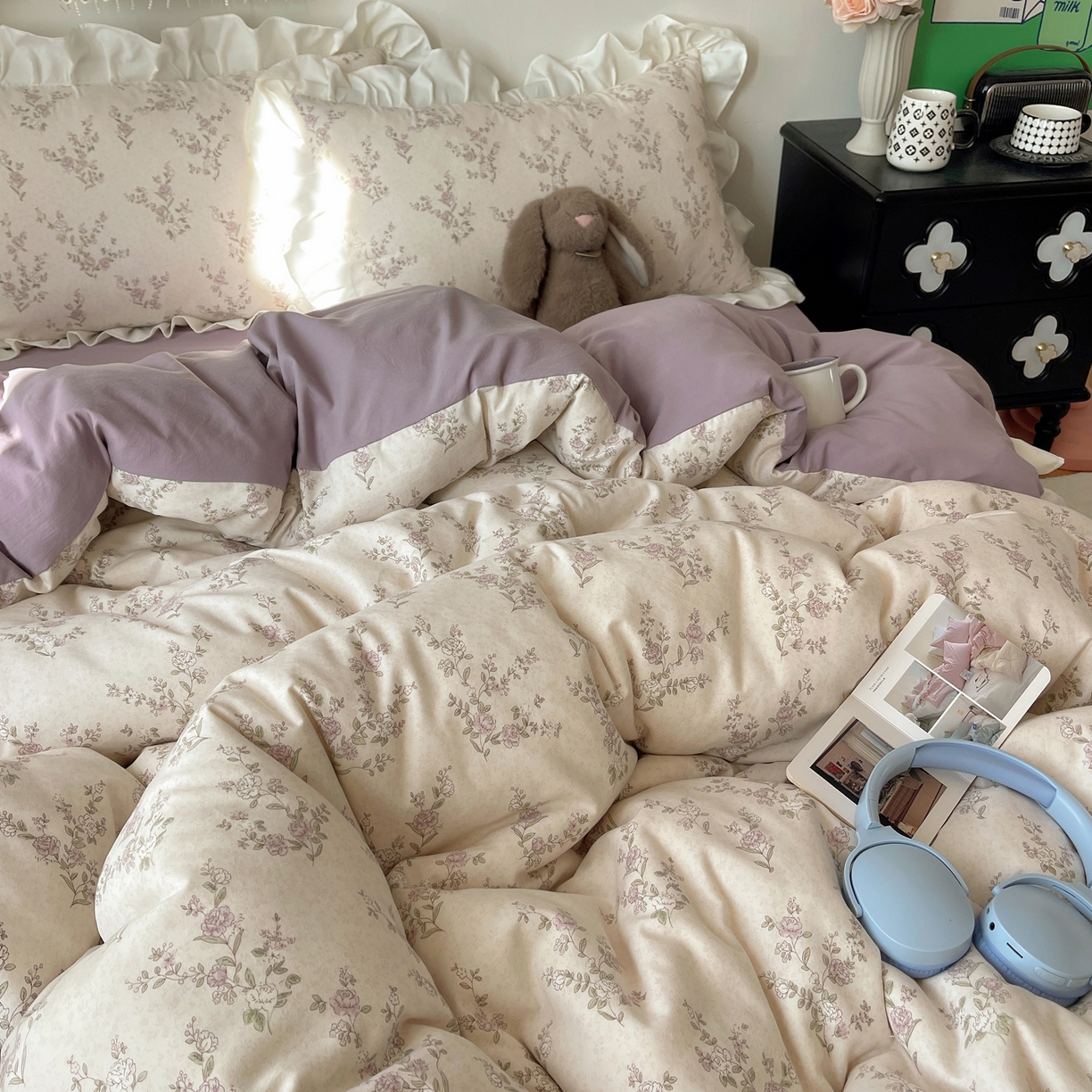 91家纺网 家纺一手货源 找家纺 耀悦家纺 2026新款古法仿棉四件套水洗棉法式工艺花边套件被套床单吊边圆角荷叶边床单 一轮玫瑰