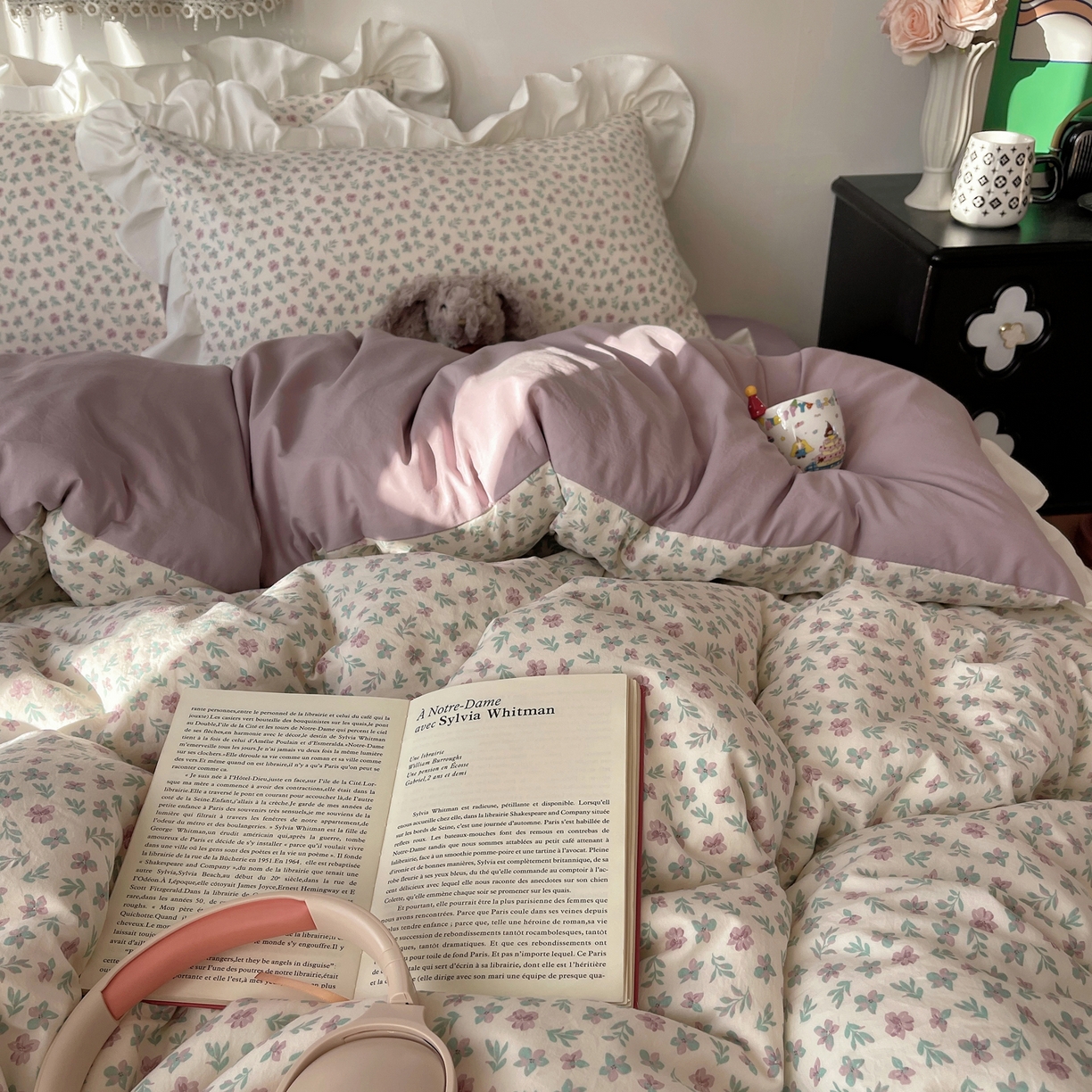 91家纺网 家纺一手货源 找家纺 耀悦家纺 2026新款古法仿棉四件套水洗棉法式工艺花边套件被套床单吊边圆角荷叶边床单 花漾时光