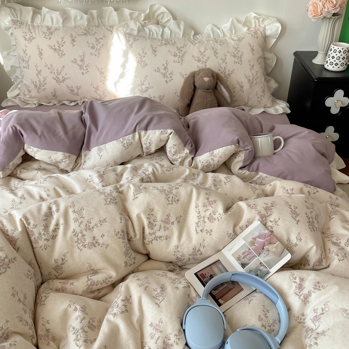 91家纺网 家纺一手货源 找家纺 耀悦家纺 2026新款古法仿棉四件套水洗棉法式工艺花边套件被套床单吊边圆角荷叶边床单 一轮玫瑰