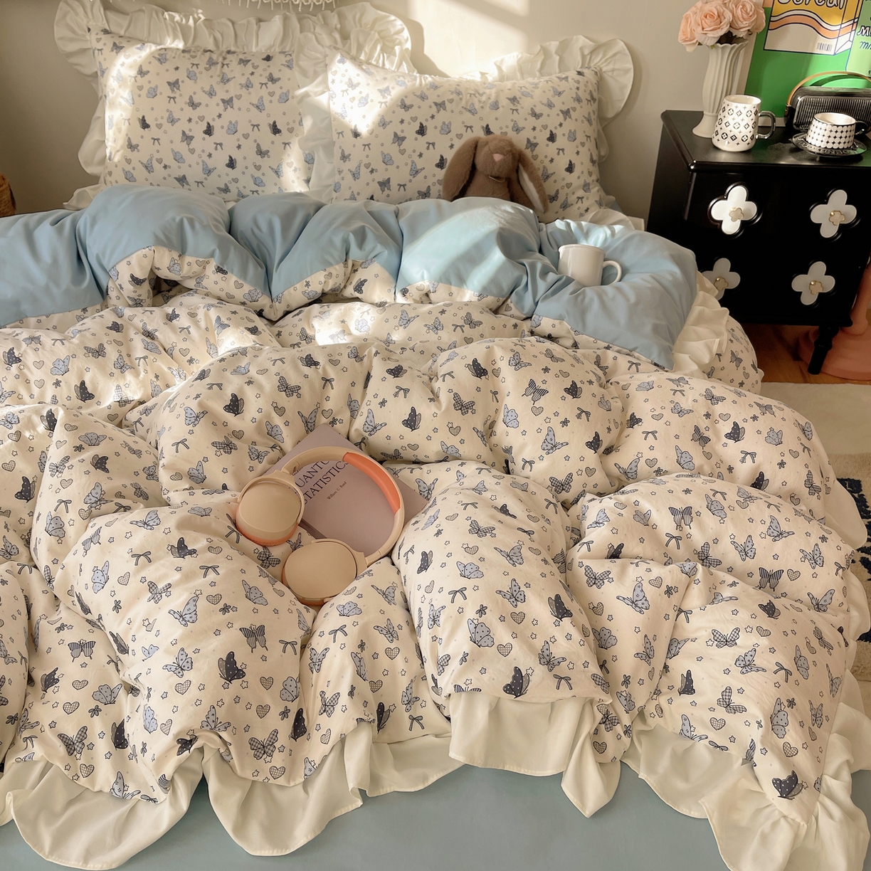 耀悦家纺 2026新款古法仿棉四件套水洗棉法式工艺花边套件被套床单吊边圆角荷叶边床单 蝶舞翩翩