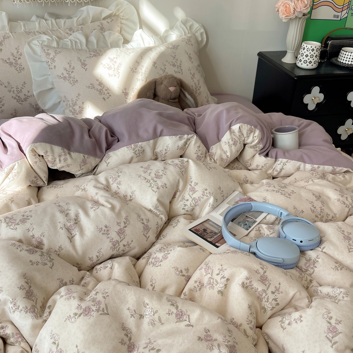 91家纺网 家纺一手货源 找家纺 耀悦家纺 2026新款古法仿棉四件套水洗棉法式工艺花边套件被套床单吊边圆角荷叶边床单 一轮玫瑰