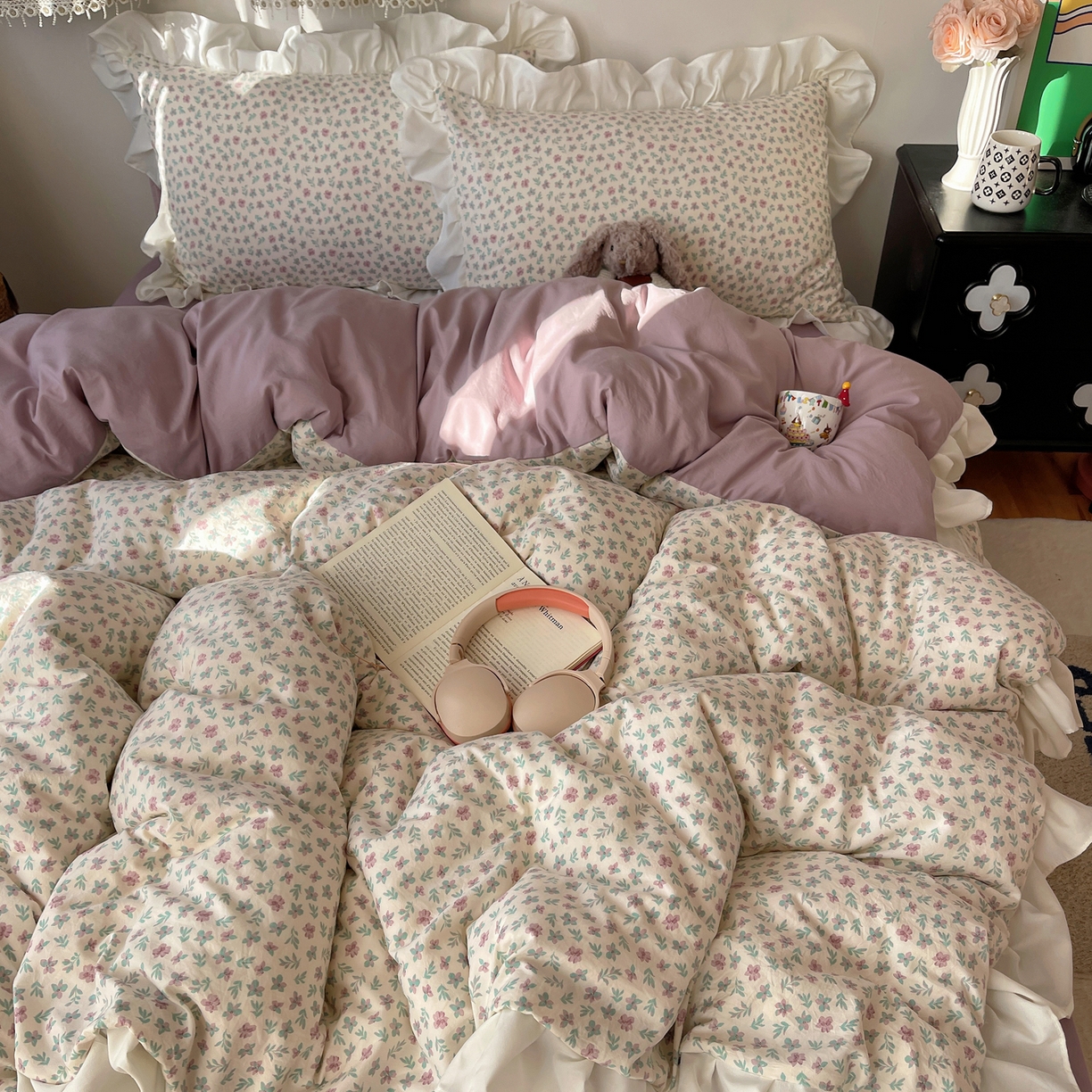 91家纺网 家纺一手货源 找家纺 耀悦家纺 2026新款古法仿棉四件套水洗棉法式工艺花边套件被套床单吊边圆角荷叶边床单 花漾时光