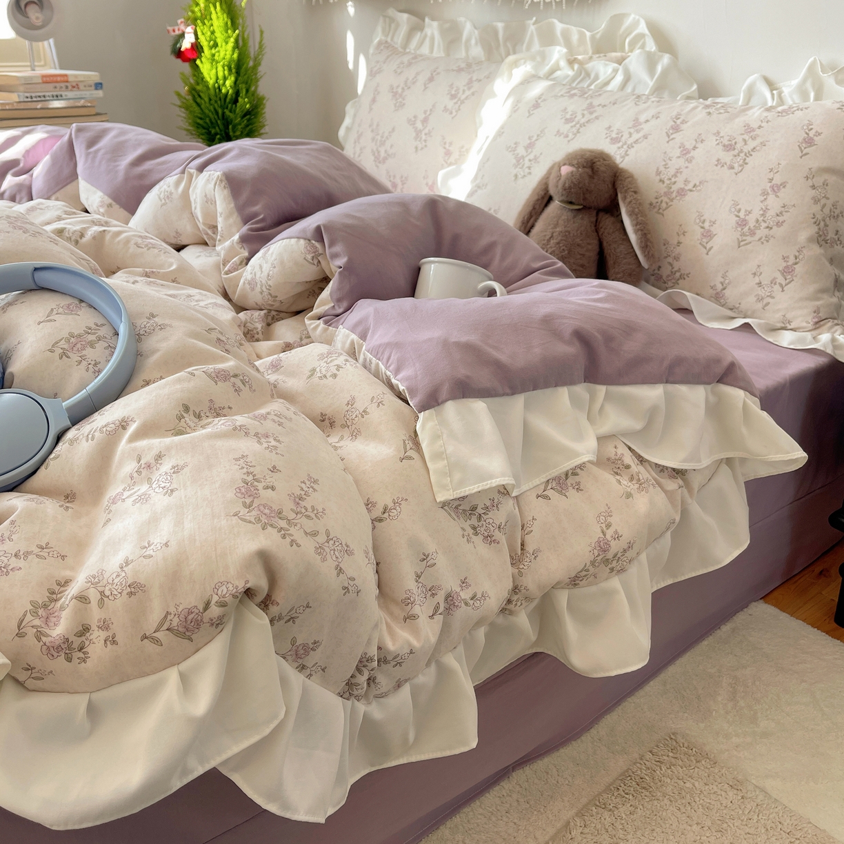 91家纺网 家纺一手货源 找家纺 耀悦家纺 2026新款古法仿棉四件套水洗棉法式工艺花边套件被套床单吊边圆角荷叶边床单 一轮玫瑰