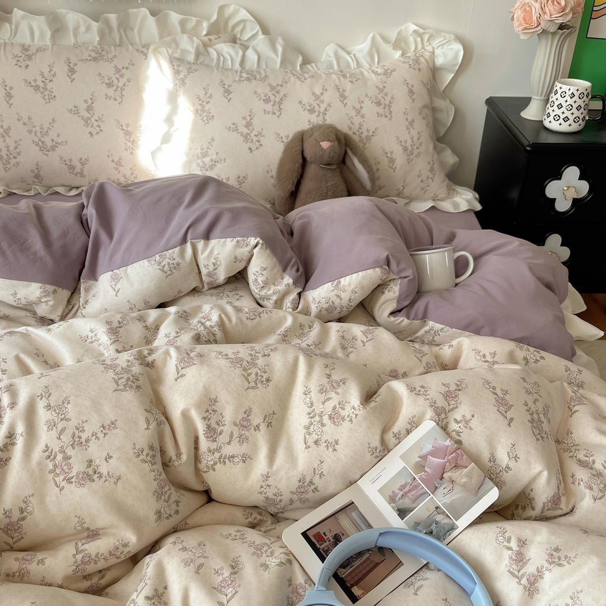 91家纺网 家纺一手货源 找家纺 耀悦家纺 2026新款古法仿棉四件套水洗棉法式工艺花边套件被套床单吊边圆角荷叶边床单 一轮玫瑰