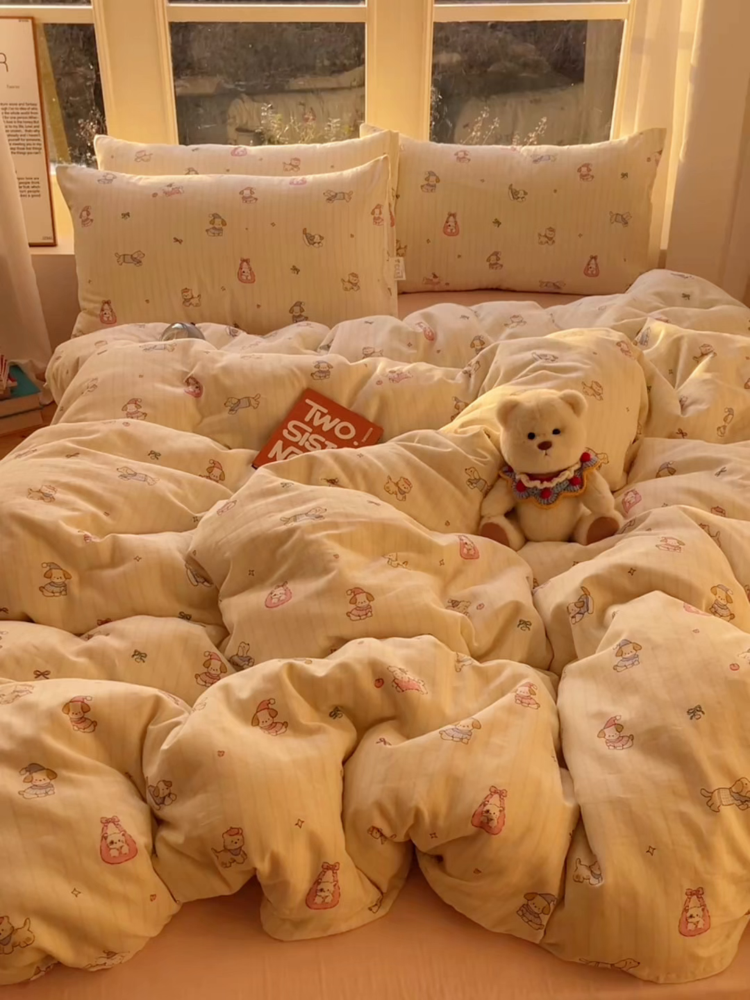 91家纺网 家纺一手货源 找家纺 六巷胡同 2026春夏新款INS卡通A类全棉纯棉双层纱四件套 双层纱-猫狗乐园