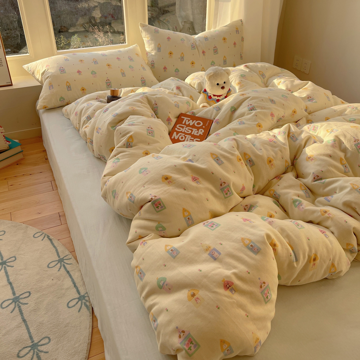 六巷胡同 2026春夏新款INS卡通A类全棉纯棉双层纱四件套 双层纱-童趣小房子