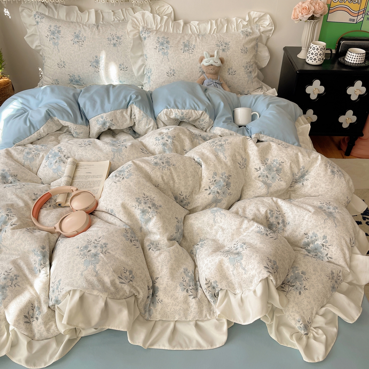 91家纺网 家纺一手货源 找家纺 （总）耀悦家纺 2026新款古法仿棉四件套水洗棉法式工艺花边套件被套床单吊边圆角荷叶边床单