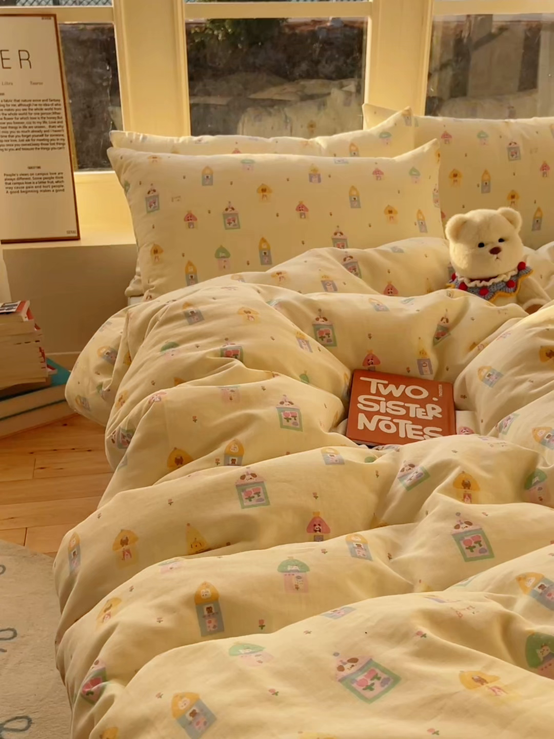 91家纺网 家纺一手货源 找家纺 六巷胡同 2026春夏新款INS卡通A类全棉纯棉双层纱四件套 双层纱-童趣小房子