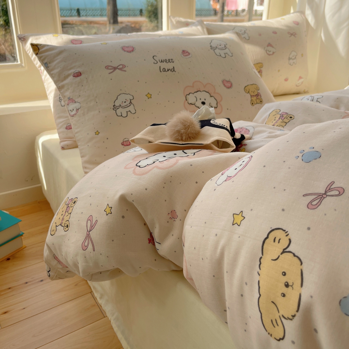 91家纺网 家纺一手货源 找家纺 六巷胡同 2026春夏新款INS卡通A类全棉纯棉双层纱四件套 双层纱-星愿狗狗