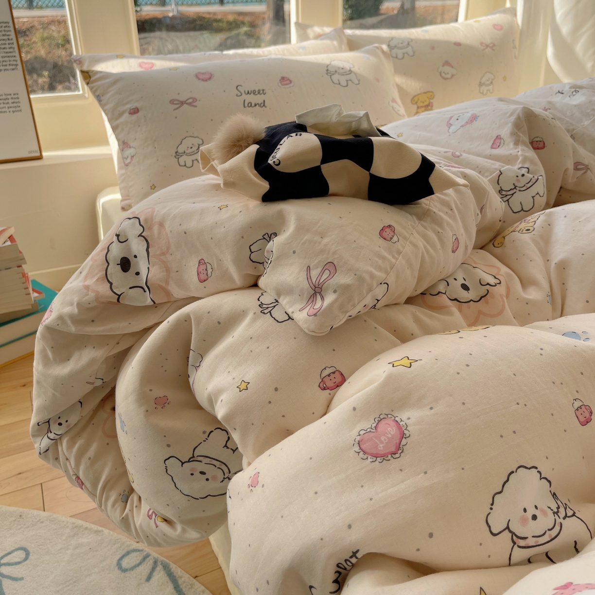 91家纺网 家纺一手货源 找家纺 六巷胡同 2026春夏新款INS卡通A类全棉纯棉双层纱四件套 双层纱-星愿狗狗