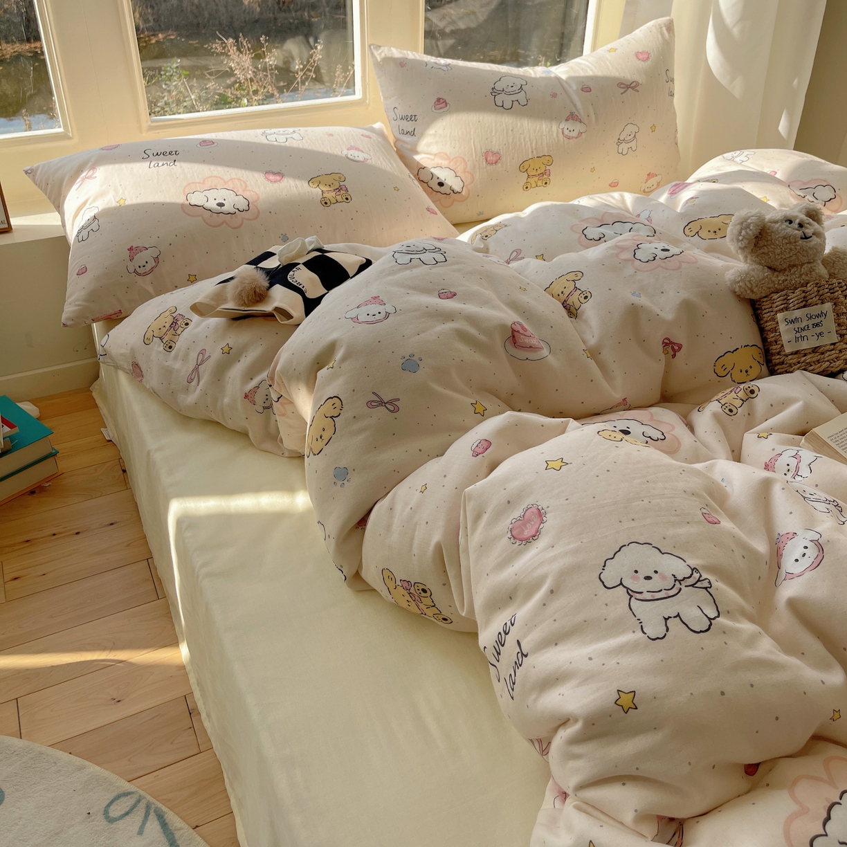 91家纺网 家纺一手货源 找家纺 六巷胡同 2026春夏新款INS卡通A类全棉纯棉双层纱四件套 双层纱-星愿狗狗