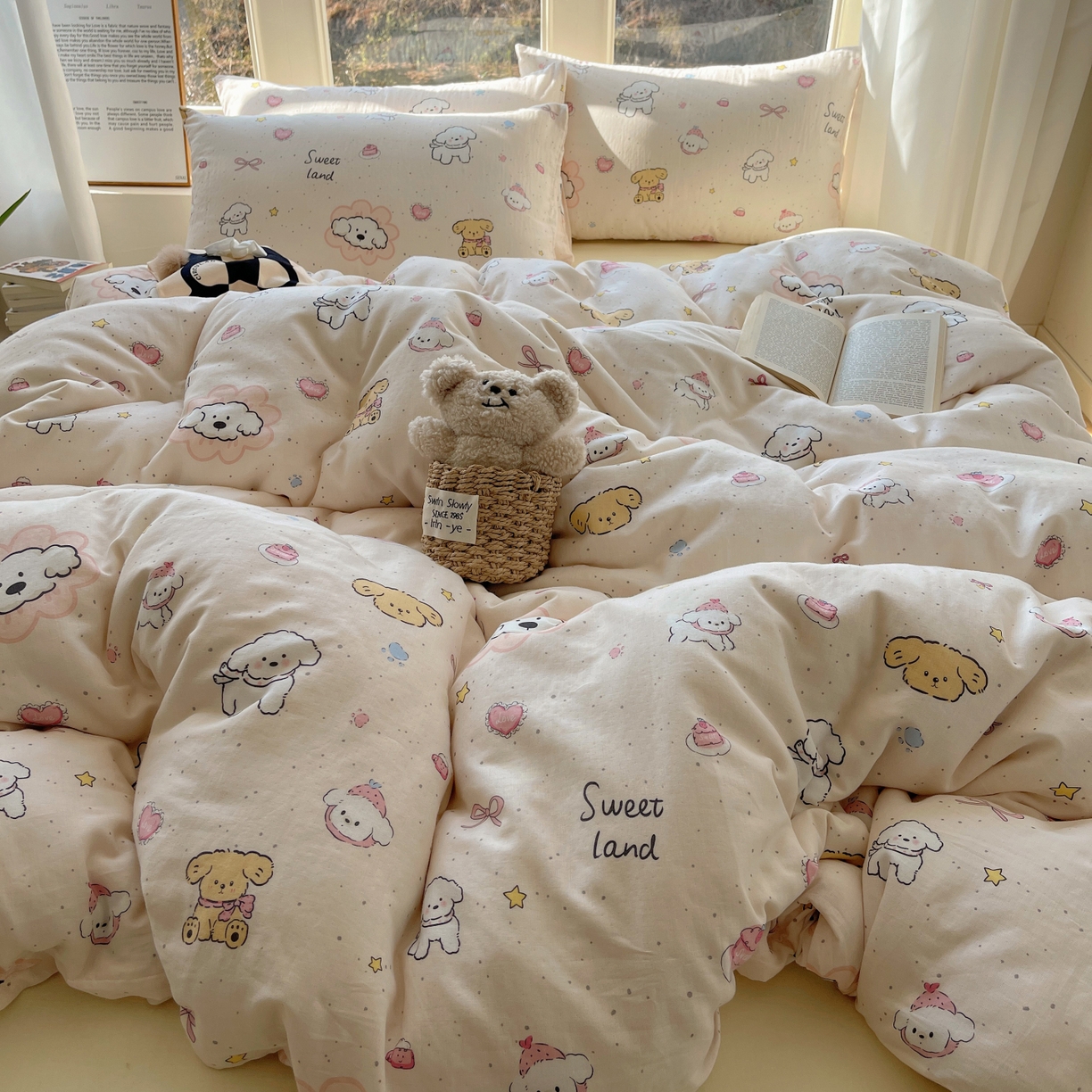 91家纺网 家纺一手货源 找家纺 六巷胡同 2026春夏新款INS卡通A类全棉纯棉双层纱四件套 双层纱-星愿狗狗