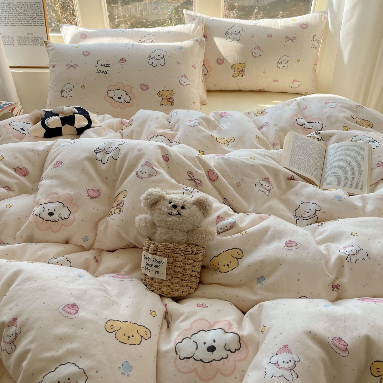 91家纺网 家纺一手货源 找家纺 六巷胡同 2026春夏新款INS卡通A类全棉纯棉双层纱四件套 双层纱-星愿狗狗