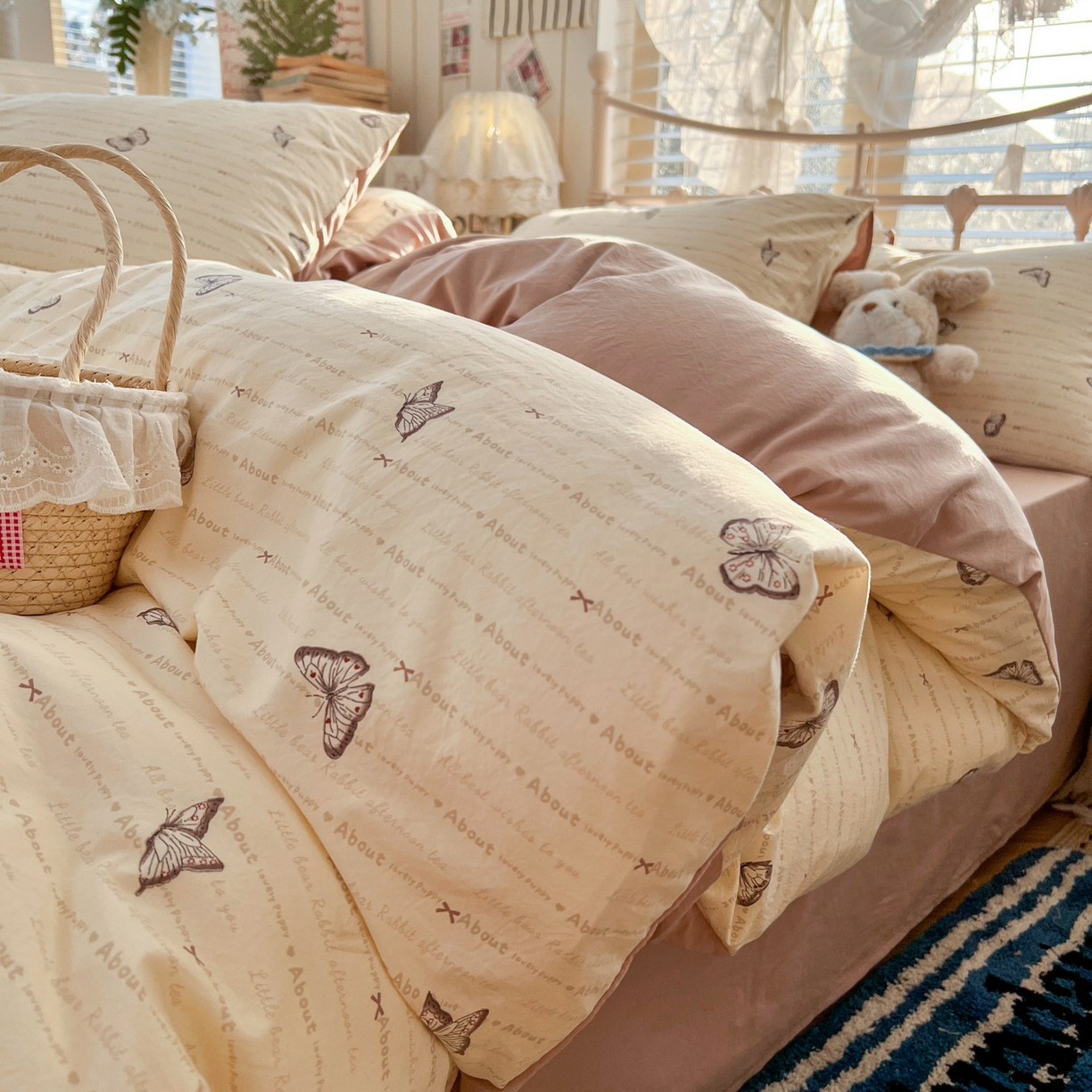 91家纺网 家纺一手货源 找家纺 瑞钰 2026新款A类古法水洗仿棉云感纱四件套 蝴蝶飞