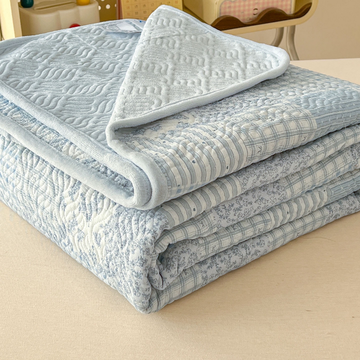 春光里 2025新款A版云感棉皱皱纱B版牛奶绒夹棉床盖三件套 赫拉-蓝