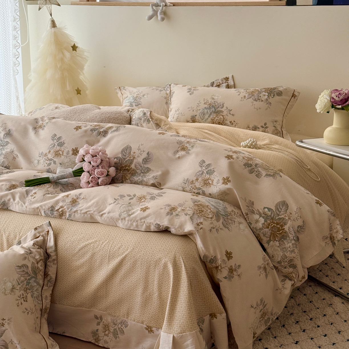 91家纺网 家纺一手货源 找家纺 于果 2026款全棉纯棉13370四件套-第一批 花影呢喃咖