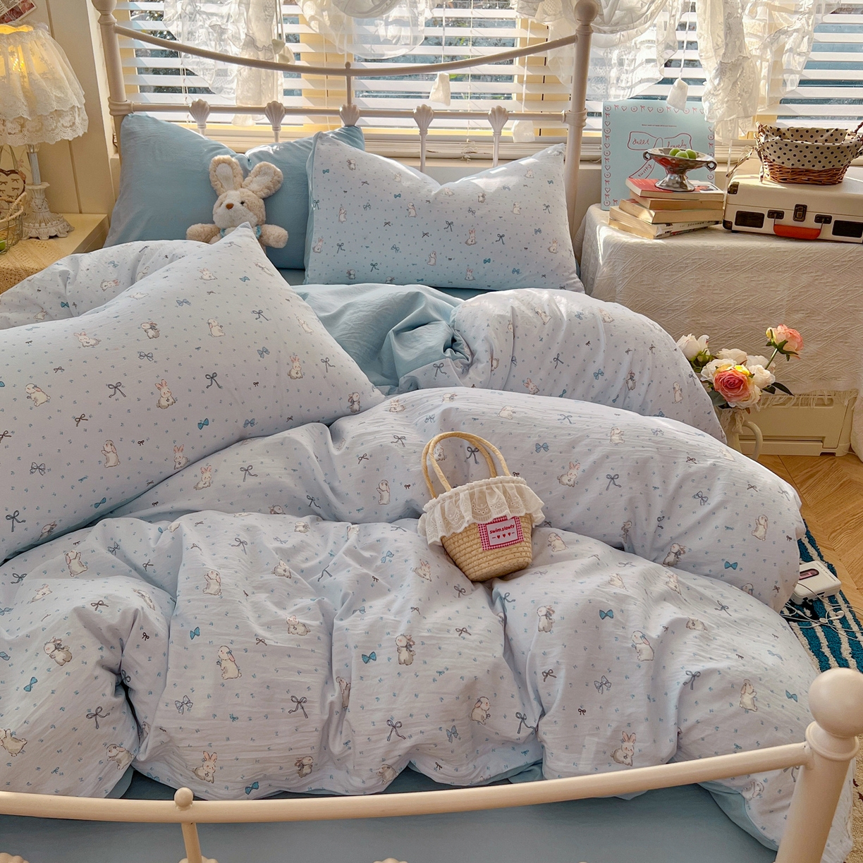 91家纺网 家纺一手货源 找家纺 瑞钰 2026新款A类古法水洗仿棉云感纱四件套 蓝调兔语